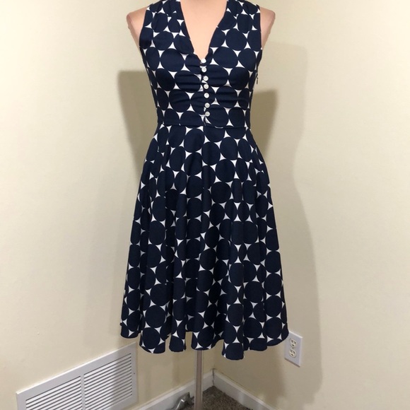 Frock Shop Midi Dress Size Small Navy Blue Polka Dot Fit and Flare - Picture 2 of 9